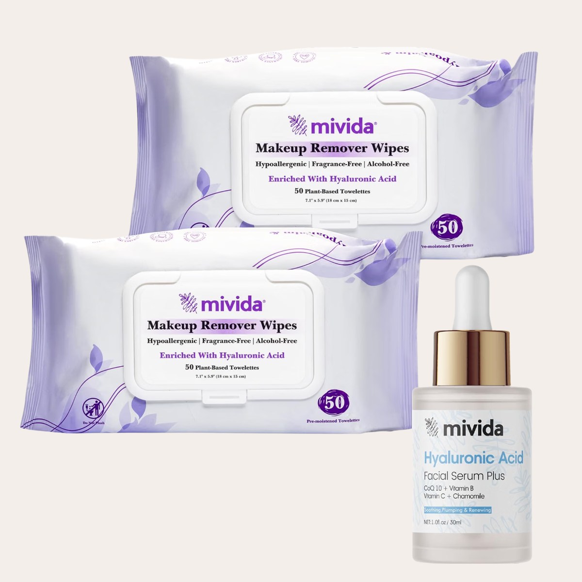 Hyaluronic Acid Makeup Wipes 2x50ct + Hyaluronic Acid Face Serum, Trio Set