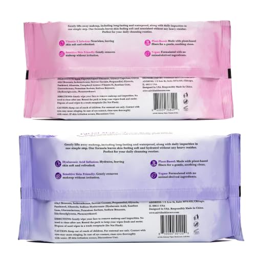 Makeup Remover Wipes Set | 2 Pack 50 Count Hyaluronic Acid Makeup Wipes + 50 Count Vitamin E Face Wipes