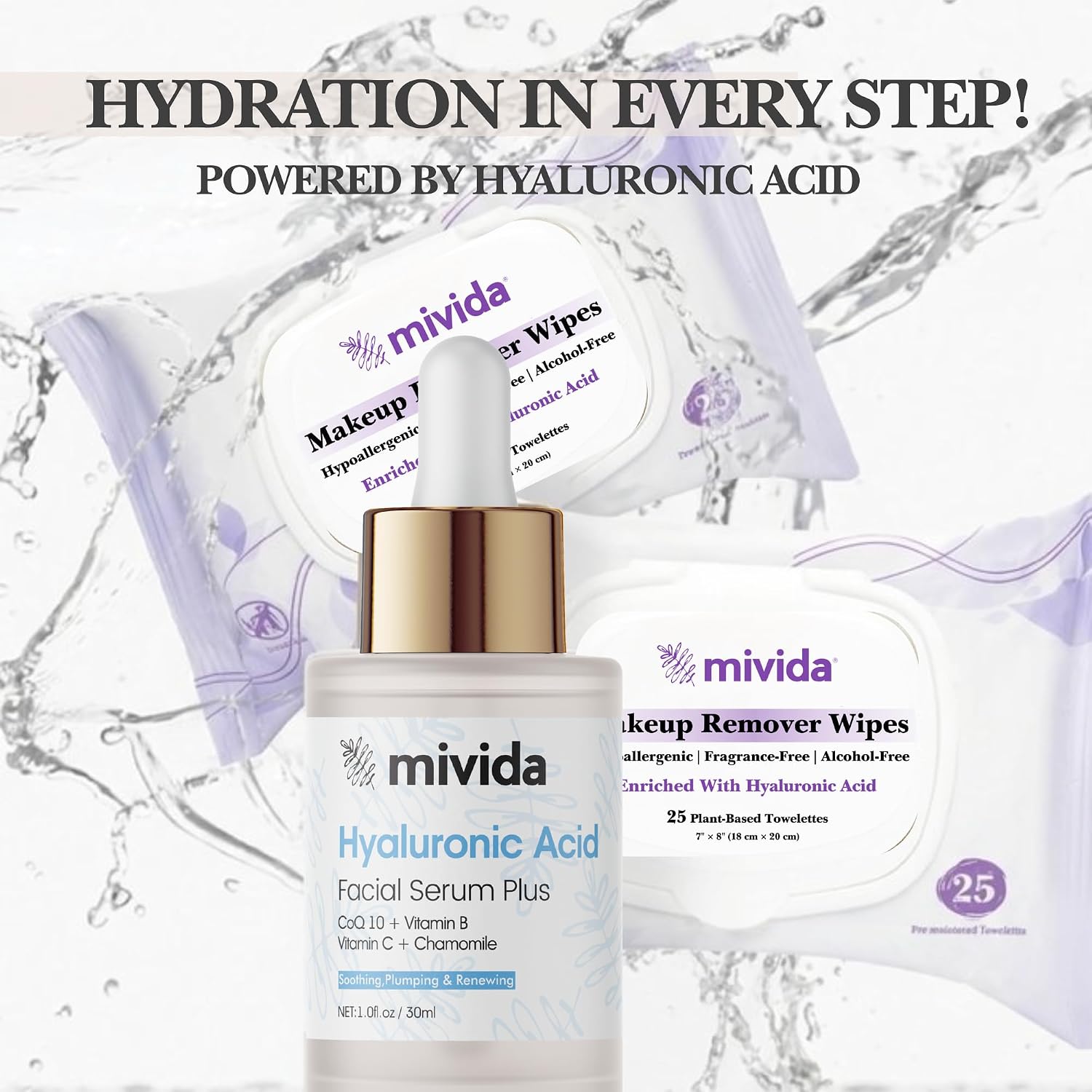 Hydrating Duo | 2 Pack 25 Count Makeup Remover Wipes + Hyaluronic Acid Face Serum