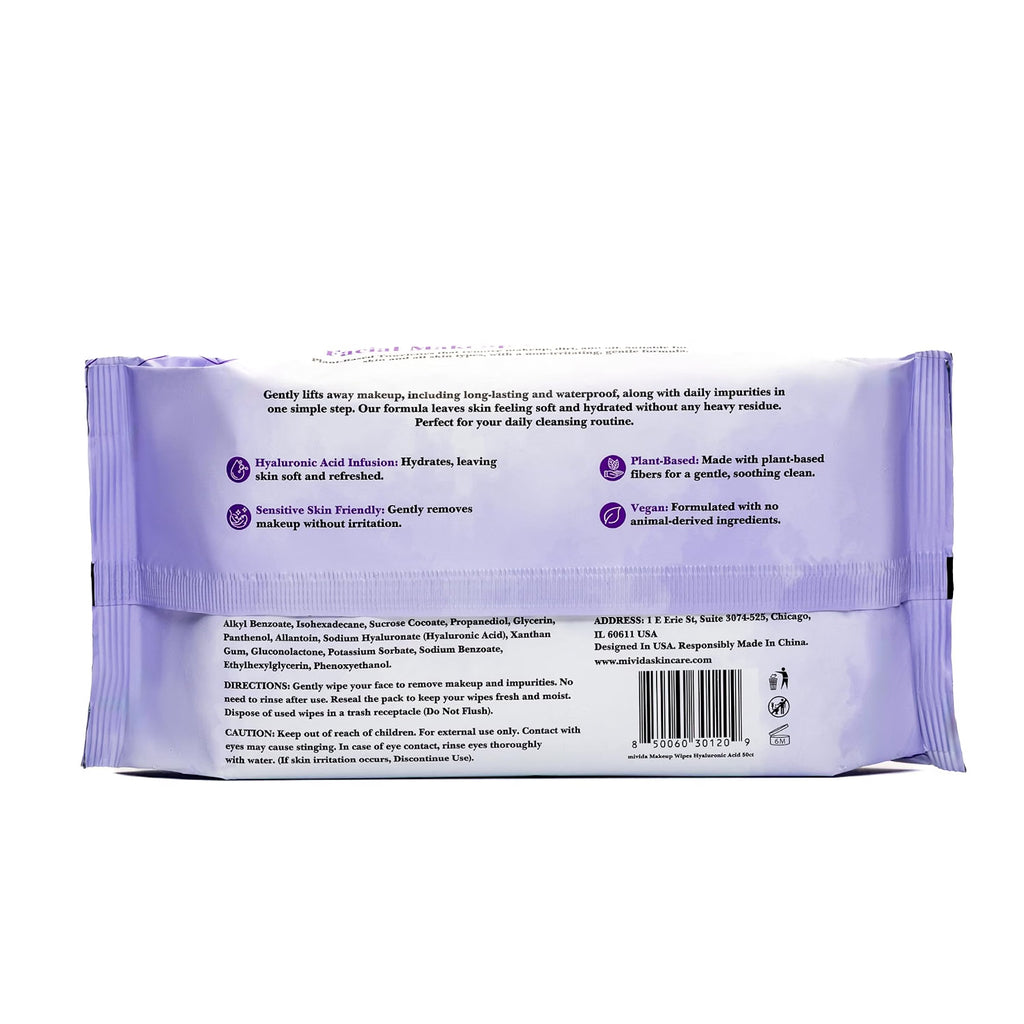 mivida Hypoallergenic Hyaluronic Acid Makeup Wipes, 4×50 Ct