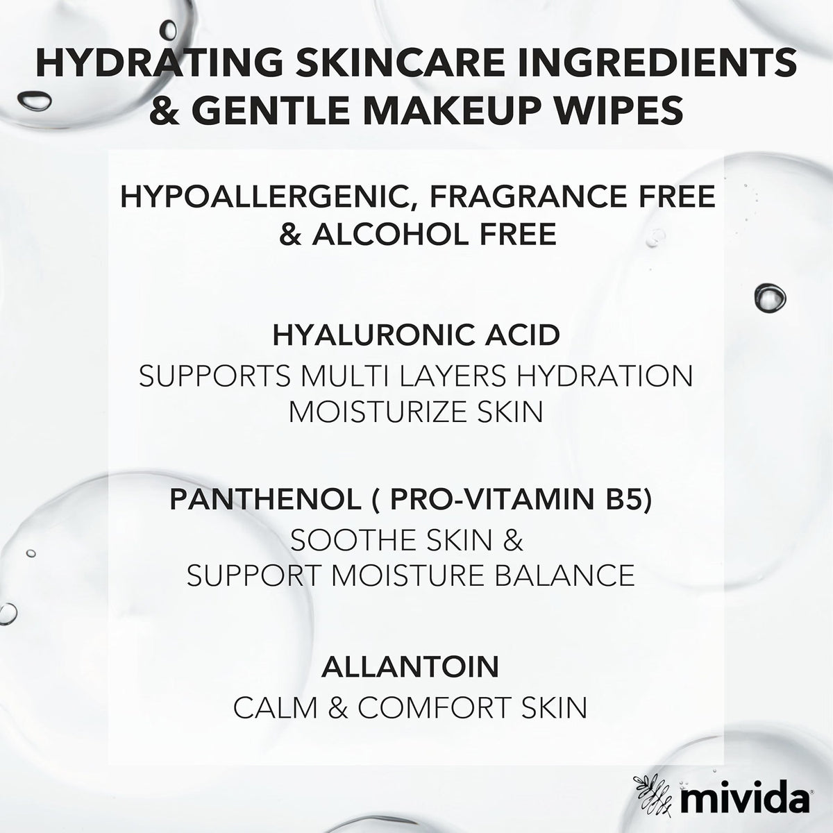mivida Hypoallergenic Hyaluronic Acid Makeup Wipes, 25 Ct