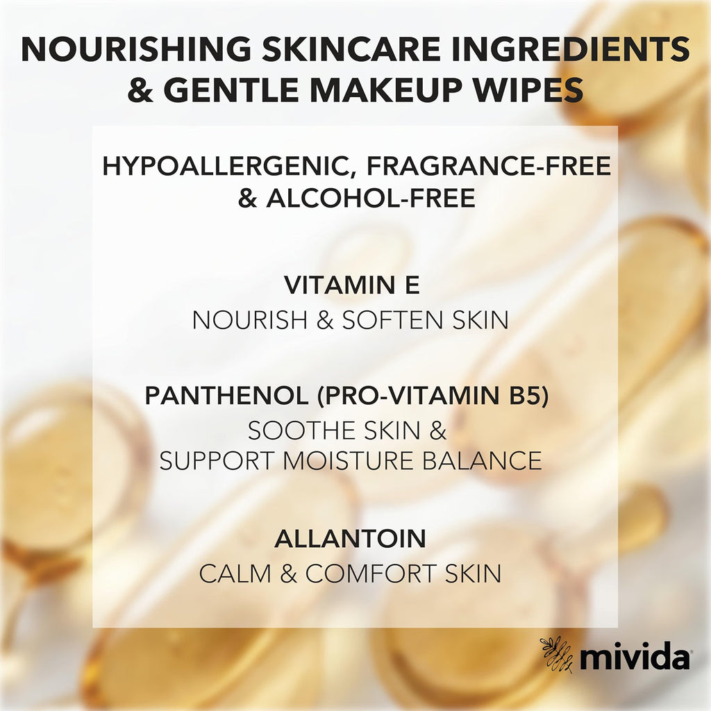 mivida Hypoallergenic Vitamin E Makeup Wipes Pouch, Vitamin E 40ct