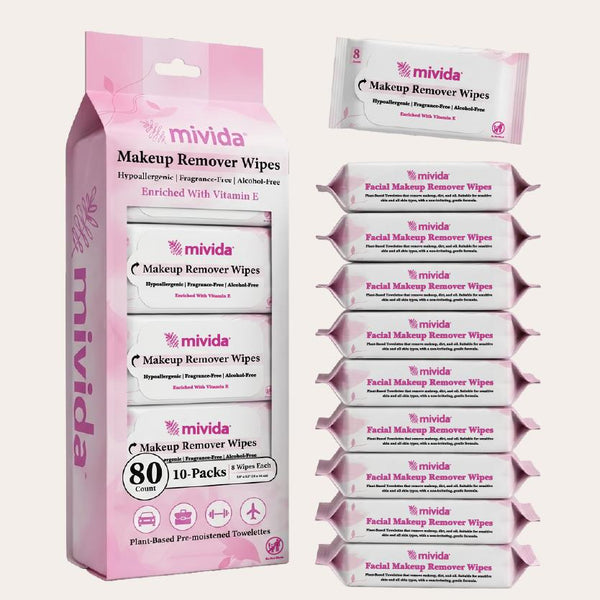 mivida Hypoallergenic Makeup Remover Wipes with Vitamin E, Mini Pack 10 Packs (80 Count)