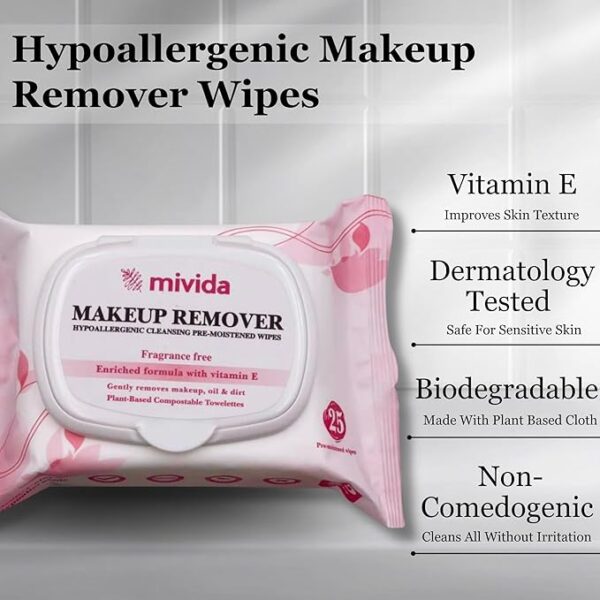 Hypoallergenic Makeup Remover Biodegradable Wipes with Vitamin E | 25 Count - Image 3