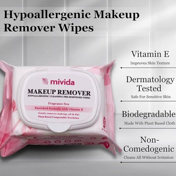 Hypoallergenic Makeup Remover Biodegradable Wipes with Vitamin E | 2 x 25 Count - Image 3