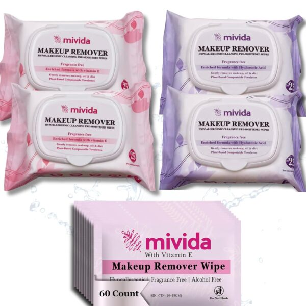 mivida Hypoallergenic Makeup Remover Wipes with Vitamin E 2 Pack of 25 Count + Hypoallergenic Makeup Remover Wipes with Hyaluronic acid 2 Pack of 25 Count+60 Count Individually Wrapped Makeup Remover  Beauty & Personal Care - Image 8