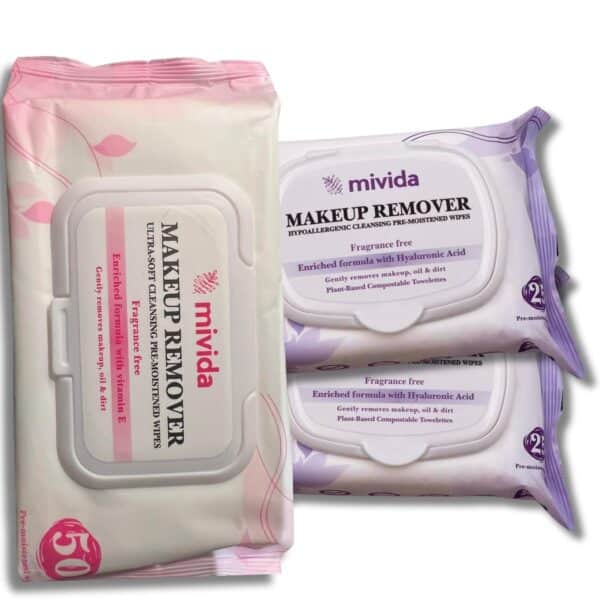 mivida Hypoallergenic Makeup Remover Wipes Bundle | Facial Cleansing & Towelettes Make up Remover Face Wipes | Fragrance Free, Alcohol Free wipes | Vitamin E & Hyaluronic Acid Total 100 Count - Image 17