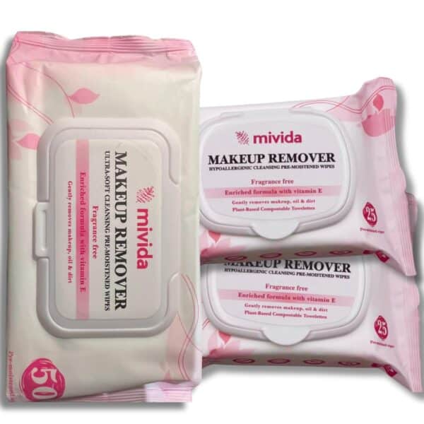 mivida Hypoallergenic Makeup Remover Wipes Bundle | Biodegradable Facial Cleansing, Facial Towelettes Make up Remover Wipes, Alcohol-Free Makeup Wipes Pack 50 ct Vitamin E + 2 x 25 ct Vitamin E - Image 9