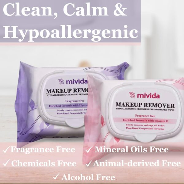 mivida Hypoallergenic Makeup Remover Wipes Bundle | Biodegradable Facial Cleansing & Towelettes Make up Remover Face Wipes | Alcohol-Free Makeup Wipes 2 x 25c Hyaluronic & Vitamin E - Image 11
