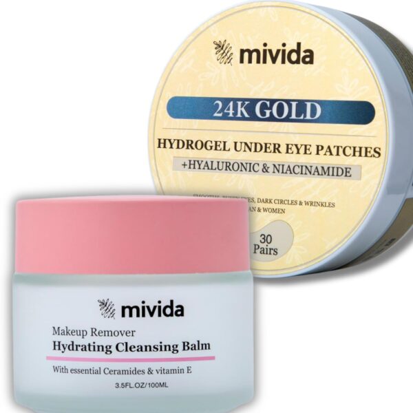 mivida Makeup Remover Facial Cleansing Balm With Essential Ceramides and Vitamin E + 24K Pure Gold Under Eye Patches with Hyaluronic Acid & Niacinamide Bundle | Biodegradable. - Image 8