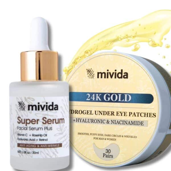 mivida All-In-One Anti Aging Super Serum For Face | Anti-Wrinkles Face Serum + 24K Pure Gold Under Eye Patches with Hyaluronic Acid & Niacinamide Bundle | Biodegradable | Alcohol Free | For All Skin Types - Image 7