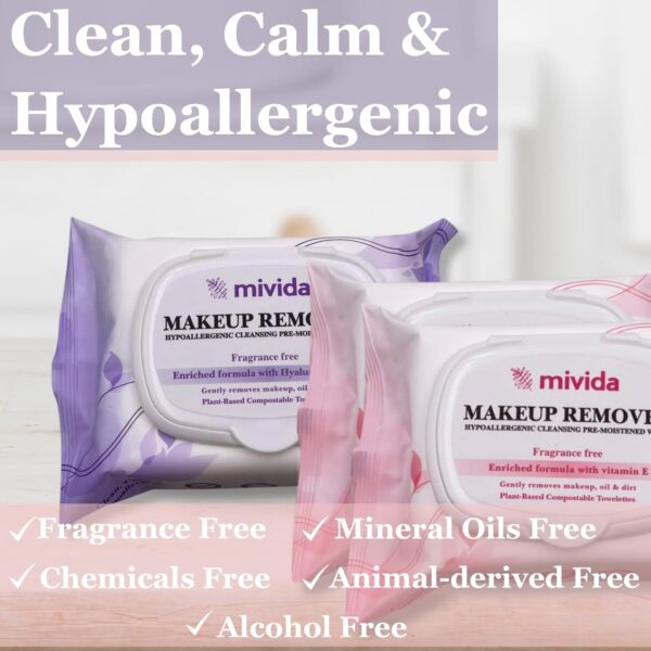 mivida Hypoallergenic Makeup Remover Wipes Bundle | Biodegradable Facial Cleansing & Towelettes Make up Remover Face Wipes | Alcohol-Free Makeup Wipes With Vitamin E & Hyaluronic Acid Total 75 Count - Image 11