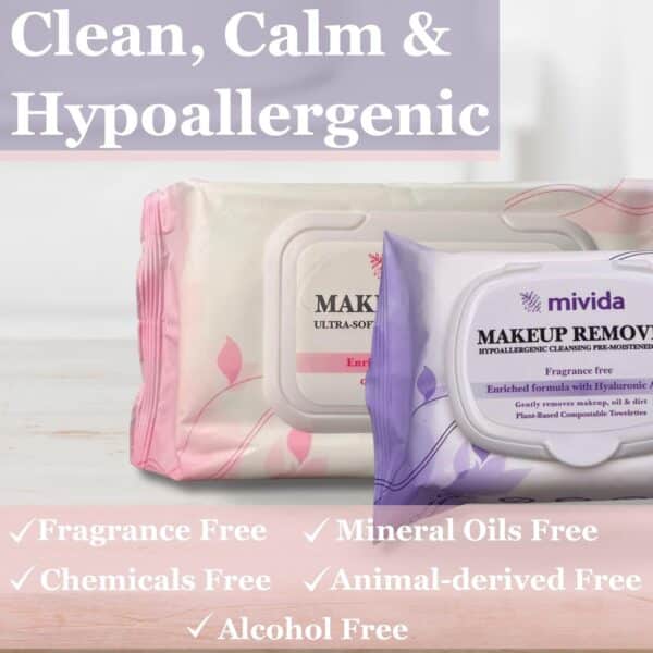 mivida Hypoallergenic Makeup Remover Wipes Bundle | Facial Cleansing & Towelettes Make up Remover Face Wipes | Fragrance Free, Alcohol Free wipes | Vitamin E & Hyaluronic Acid Total 100 Count - Image 19