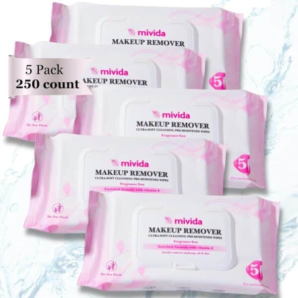 mivida Hypoallergenic Makeup Remover Wipes with Vitamin E (4 Pack of 50 ct+ 1 pack of 50) Bundle | Facial Cleansing & Towelettes | Fragrance Free | Alcohol Free | 250 Count - Image 8