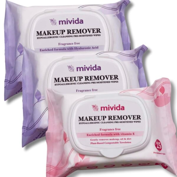 mivida Hypoallergenic Makeup Remover Wipes Bundle | Biodegradable Facial Cleansing & Towelettes Make up Remover Face Wipes | Alcohol-Free Makeup Wipes With Vitamin E & Hyaluronic Acid Total 75 count  Beauty & Personal Care - Image 9