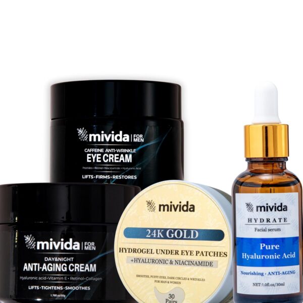 mivida Anti aging Day and Night Face Cream For Men and Collagen Eye Cream For Men +Mivida Pure Hyaluronic Acid Facial Serum + Gold Under Eye Patches with Hyaluronic Acid & Niacinamide - Image 7