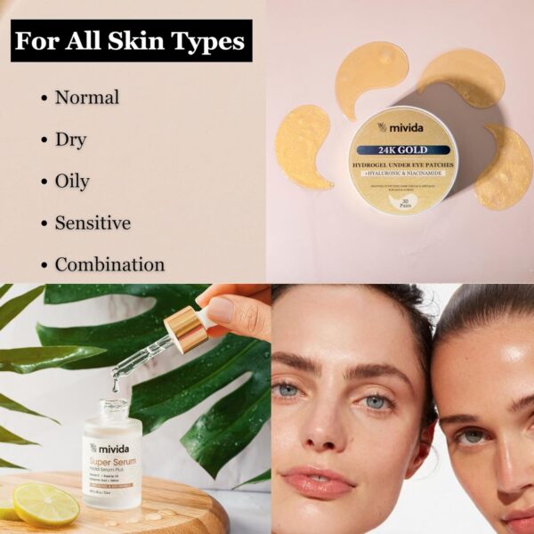 mivida All-In-One Anti Aging Super Serum For Face | Anti-Wrinkles Face Serum + 24K Pure Gold Under Eye Patches with Hyaluronic Acid & Niacinamide Bundle | Biodegradable | Alcohol Free | For All Skin Types - Image 8