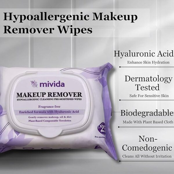 Hypoallergenic Makeup Remover Biodegradable Wipes with Hyaluronic Acid | 25 Count - Image 3