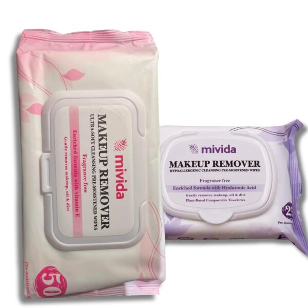 mivida Hypoallergenic Makeup Remover Wipes Bundle | Facial Cleansing & Towelettes Make up Remover Face Wipes | Fragrance Free, Alcohol Free wipes Vitamin & Hyaluronic Acid Total 75 Count - Image 9