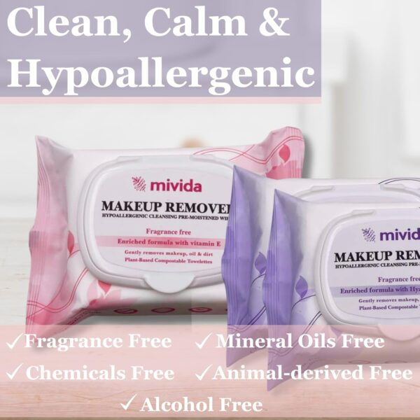 mivida Hypoallergenic Makeup Remover Wipes Bundle | Biodegradable Facial Cleansing & Towelettes Make up Remover Face Wipes | Alcohol-Free Makeup Wipes With Vitamin E & Hyaluronic Acid Total 75 count  Beauty & Personal Care - Image 11