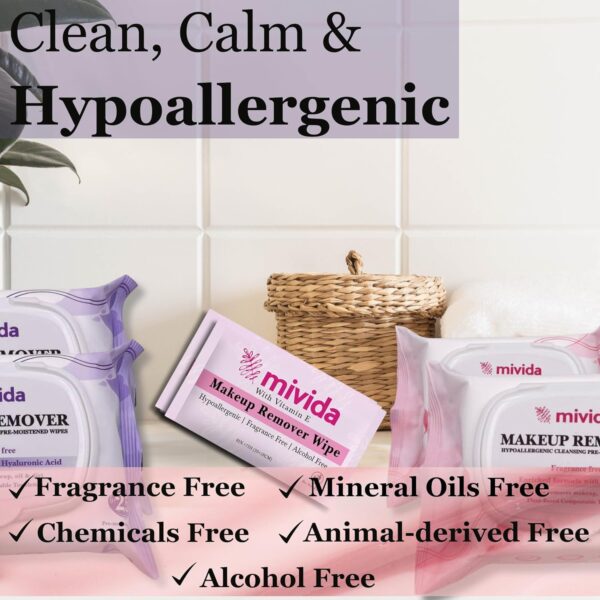 mivida Hypoallergenic Makeup Remover Wipes with Vitamin E 2 Pack of 25 Count + Hypoallergenic Makeup Remover Wipes with Hyaluronic acid 2 Pack of 25 Count+60 Count Individually Wrapped Makeup Remover  Beauty & Personal Care - Image 12