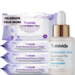 mivida skincare gift set for mom, 2-Step Double Cleanse System with 4x50 Hyaluronic Acid Makeup Remover Wipes & Hyaluronic acid Face Serum